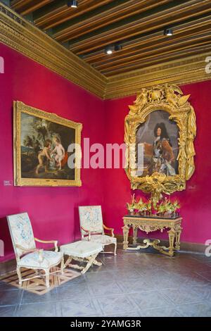 Barocker Raum mit kunstvollen Porträts und goldgerahmten Gemälden an roten Wänden, Salon Louis XIV, Schloss Chenonceau, Schloss Chenonceau, Wasserschloss Stockfoto