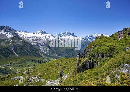 Bergpanorama mit Gletschern, Aiguille Verte und Glacier du Tour, Wanderung nach Aiguillette des Posettes, Chamonix, Haute-Savoie, Frankreich Stockfoto