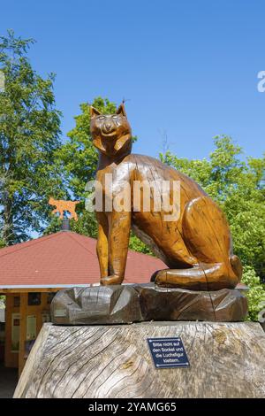 Lynx-Figur, Holzskulptur, Luchstation, Nachbildung, große Katze, lynx Info Point am Parkplatz auf Schloss Wildenstein, Pavillon hinten, Leiberting Stockfoto