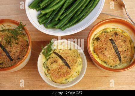 Schwäbische Küche, im Ofen gebackener Zander mit Prinzessinbohnen und Zitronensauce, Fischgericht, Zanderfilet, grüne Bohnen, Dill, Vorspeise, aus dem Ofen, r Stockfoto
