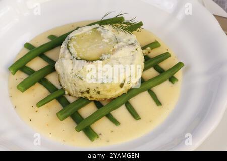Schwäbische Küche, im Ofen gebackener Zander auf Prinzessinbohnen mit Zitronensauce, Fischgericht, Zanderfilet, Zucchini, grüne Bohnen, dill, Vorspeise, von t Stockfoto