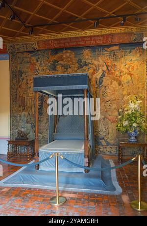 Prächtiges Zimmer mit himmelblauem Bett und kunstvollen Wandteppichen, Schlafzimmer von Diana von Poitiers, Schloss Chenonceau, Schloss Chateau de Chenonceau, Wasserschloss, Chen Stockfoto