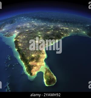 Sehr detaillierte Erde, beleuchtet durch Mondlicht. Das Leuchten der Städte wirft Licht auf das detaillierte, übertriebene Gelände. Nachtmasse. Indien und Sri Lanka. Stockfoto