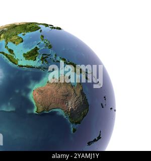 Erde mit durchscheinendem Wasser in den Ozeanen und die detaillierte Topographie der Kontinente. Ein Fragment von Australien und Ozeanien. Isoliert auf weiß Stockfoto