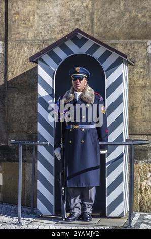 PRAG, TSCHECHISCHE REPUBLIK, 15. FEBRUAR: Soldat der Prager Burgwache auf dem Posten der Ehrenwache am 15. Februar 2019 in Prag, Tschechische Republik Stockfoto