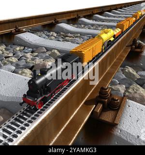 Ein Miniaturmodell des Zuges, eine Dampflokomotive, Eisenbahnwaggons, Tank, Plattform mit Sand, auf einer Schiene im Vollmaßstab Stockfoto