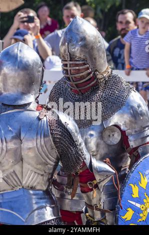 VYBORG, RUSSLAND, 27. JULI: Schwertschlacht während des traditionellen mittelalterlichen Festivals am 27. Juli 2019 in Vyborg, Russland, Europa Stockfoto