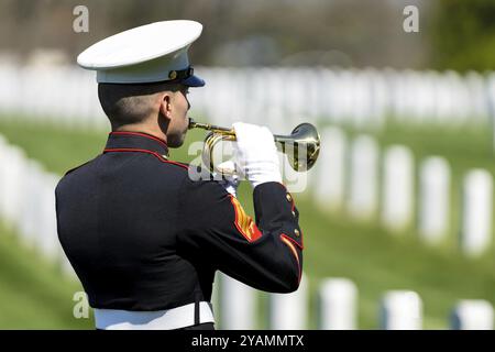 Ein ergreifender Moment entfaltet sich, während ein Marine Wasserhahn spielt, einen gefallenen Veteranen mit einem feierlichen Gruß ehrt, um seine Internierung bei einem nationalen Militär zu markieren Stockfoto