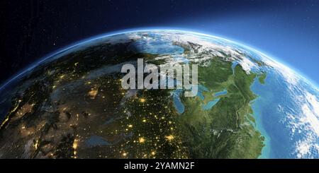 Sehr detaillierte Erde mit Atmosphäre, überzogener Relief und lichtdurchfluteten Städten. Übergang von Nacht zu Tag. Die nördlichen US-bundesstaaten und Kanada. Stockfoto