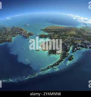 Sehr detaillierter Planet Erde am Morgen. Übertriebene präzise Relief beleuchtete Morgensonne. Detaillierte Erde. Chukotka, Alaska und die Beringstraße. Eleme Stockfoto