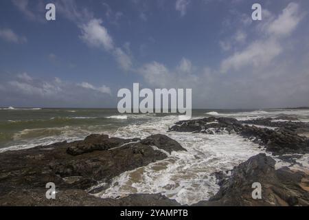 Strand, mit Lavasteinen und Vegetation, Blick auf das Meer am Abend bei Sonnenuntergang. Landschaft mit Wolken in Induruwa, Bentota Beach, Sri Lanka, Indien, A Stockfoto