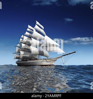 Das Segelschiff im riesigen Ozean mit kleinen Wellen erfüllt alle Segel mit Meeresbrise Stockfoto