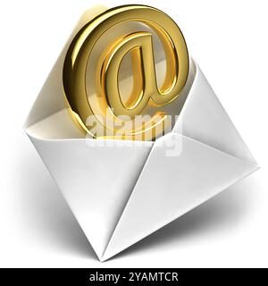 Die Metapher der E-Mail, die goldene Zeichen-E-Mail, stammt aus dem offenen Umschlag Stockfoto