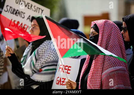 Gaziantep, Turkiye. Oktober 2024. Gaziantep, Turkiye. Oktober 2024. Dutzende von Studenten und Akademikern der Gaziantep University of Islamic Sciences and Technology versammeln sich auf dem Campus, um an ein Jahr des israelischen Krieges im Gazastreifen zu erinnern. Die israelische Militäroffensive begann am selben Tag des Angriffs der Hamas auf Israel am 7. Oktober. Die Studenten in der südtürkischen Stadt Gaziantep zeigten eine große palästinensische Flagge auf dem Campus, während sie ein Ende des Krieges gegen Gaza und der israelischen Besetzung Palästinas forderten (Credit Image: © Zakariya Yahya/IMAGESLIVE via ZUMA Press Wire) EDITORIAL Stockfoto