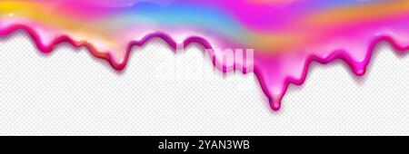 Regenbogenschleimspritzer isoliert auf transparentem Hintergrund. Vektor-realistische Illustration der Farbverlaufsflüssigen Substanz, die nach unten tropft Oberfläche, abstrakter bunter Glitzer, irisierende Fluidgrenze Stock Vektor