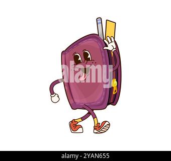 Grooviger Schulbleistiftetui-Charakter. Kinder Schulunterricht Schreibwaren oder Artikel glückliche Zeichentrickfigur oder Schüler Bleistiftetui mit Lineal und Stift lustiges Maskottchen. Kinder lernen lustig groovige Persönlichkeit Stock Vektor