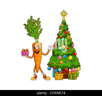 Grooviger Weihnachtsmohrgemüse-Charakter. Farm Harvest Veggie isolierte Cartoon glückliche Persönlichkeit, Landwirtschaft reife Lebensmittel oder Karottengemüse niedlicher Charakter in der Nähe dekorierter Weihnachtsbäume und Geschenke Stock Vektor