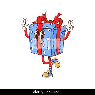 Cartoon groovige weihnachtsgeschenkbox Charakter. Merry Xmas präsentiert isolierte Cartoon-niedliche Persönlichkeit. Frohe Weihnachten oder Neujahrsfeier blaue Geschenkbox grooviger Vektorcharakter oder fröhliches Maskottchen Stock Vektor