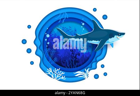 Karikaturpapier geschnitten Unterwasserlandschaft mit lustigen Haien und Unterwasserfischen, Vektorbanner. Meer oder Meeresleben von Unterwassertieren und Korallenriffen in Papier geschnittenem Wasser mit Haien- und Stachelrochen-Silhouette Stock Vektor