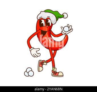 Grooviger Weihnachts-Chili-Pfeffer-Gemüsecharakter. Bauernernte reife Veggie kindisch groovige Charakter, heiße Chili Pfeffer Gemüse Weihnachten isolierte Zeichentrickfilm lustige Persönlichkeit, die Schneebälle spielt Stock Vektor