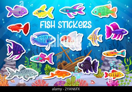 Zeichentrickaquarium Fisch Aufkleber mit tropischen Fischen in der Unterwasserlandschaft, Vektorhintergrund. Aquarium fischt Aufkleber mit lustigen bunten Guppy, Goldfisch und blauem Tang mit versunkenem Schiff Stock Vektor