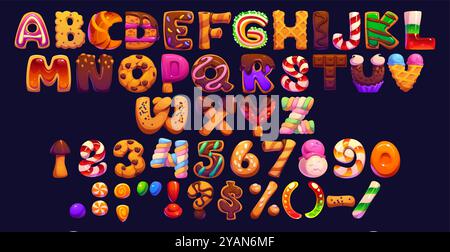 Cartoon Süßigkeiten und Süßwaren Alphabet von Süßigkeiten Schrift und Lollypop Schriftart, Vektor Schokolade Kekse Typ. Zeichentrickgebäck-Schriftbuchstaben mit Backwaren-Desserts und Konfektion in Form von ABC Stock Vektor