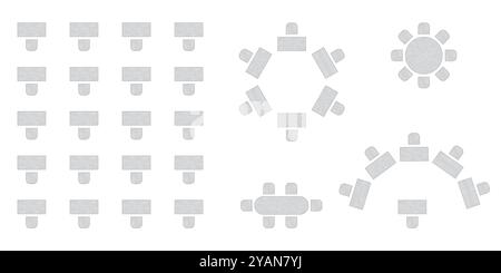 Sitzplan für Hochzeiten. Konferenz Bankett Seminarraum Inneneinrichtung, Konferenzsaal und Seminarraum Inneneinrichtung. Vektor-Draufsicht von Stock Vektor