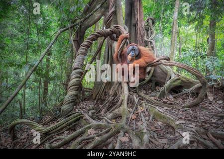 Orang-Utan posierte auf großen Baumwurzeln mit dem rechten Arm, der mit Wurzeln verschlungen ist. INDONESIEN: ATEMBERAUBENDE Bilder eines stolzen Sumatra-Orang-Utans, der in seiner Natur posiert Stockfoto