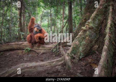 Orang-Utan posierte auf einer großen Baumwurzel auf dem Boden mit geneigtem Kopf. INDONESIEN: ATEMBERAUBENDE Bilder eines stolzen Sumatra-Orang-Utans, der in seiner natürlichen Gewohnheit posiert Stockfoto