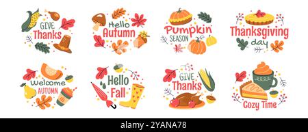 Vektor-Set Herbstaufkleber mit Herbstphrasen. Gemütliche Designelemente aus gebratenem truthahn, Orangenblättern, Eicheln, Kürbis, Pilgermütze, Kuchen und heißes Getränk. Handgezeichnete Schriften und Zitate zum Thanksgiving-Tag Stock Vektor