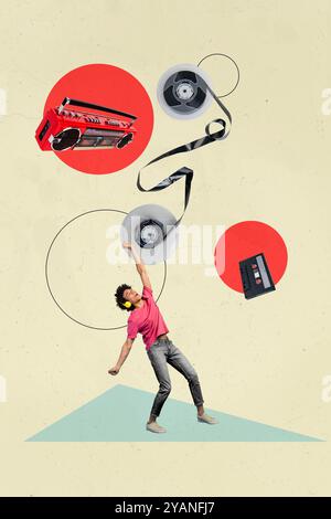 Composite Trend Artwork Bild Foto Collage von sorglosen Weekend Club Relax Young man Kopfhörer Playlist funky Dance Clubber Boombox Stockfoto