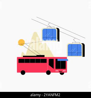 Roter Trolleybus und Seilbahnen in flacher Vektor-Illustration, die öffentliche Verkehrsmittel, Bergtourismus und urbane Mobilität symbolisiert, isoliert auf weiß Stock Vektor