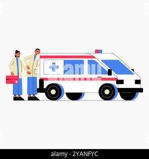 Krankenwagen mit medizinischem Team in der flachen Vektor-Illustration, die Rettungsdienste, Gesundheitswesen und medizinische Hilfe symbolisiert, isoliert auf weißem Hintergrund Stock Vektor