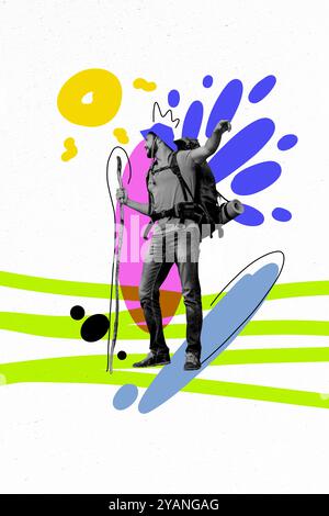 Vertikales kreatives 3D-Foto-Artwork Grafiken Collage Malerei von aufgeregtem Mann genießt Wandern isolierter Zeichenhintergrund Stockfoto