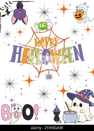 Happy Halloween, Karte Einladung, Zeichentrick mit süßem gruseligen Geist, Spinne, Mumie und Fledermaus Stock Vektor