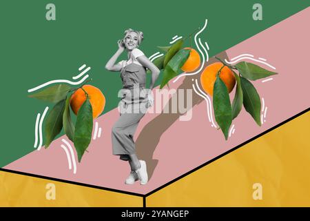 Kreative Bild Collage Junge schöne Frau Orange Früchte wachsen exotische Ernährung Vitamine frisch gesunde leckere Lebensmittel Diät Stockfoto