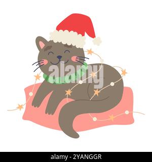 Weihnachtskatze. Niedliche Katze mit Weihnachtsmann-Hut auf einem Kissen. Vektorzeichen in abgewickelter Form Stock Vektor