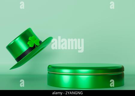 Pulsierendes Podium zum St. Patrick's Day mit Hut und dreiblättrigem Kleeblatt. Produktanzeige, Präsentation. Glück und irisches Erbe. Werbung, Werbung Stockfoto