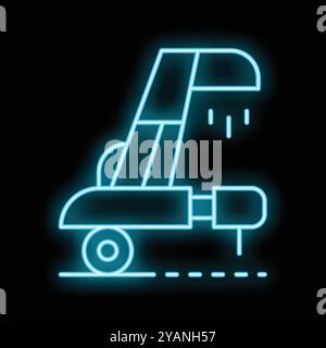 Blau leuchtendes Neonsymbol eines Bohrgeräts, das auf einem Ölfeld auf schwarzem Hintergrund arbeitet Stock Vektor