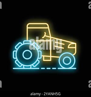 Neon-Traktor fährt nachts eine Landstraße entlang und erinnert an Landwirtschaft und Landwirtschaft Stock Vektor