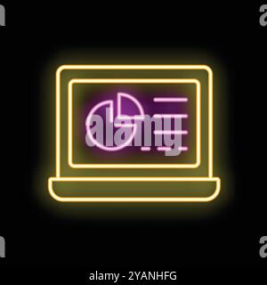 Neon-Symbol des Laptops mit farbenfroher Geschäftsgrafik mit Marktanalysedaten Stock Vektor