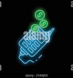 Neon Pos Terminal akzeptiert kontaktlose Zahlungen mit Dollarmünzen Stock Vektor