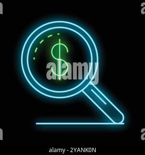 Neon-Lupe mit Fokus auf einem US-Dollar-Zeichen, das Finanzanalysen und Investitionsmöglichkeiten symbolisiert Stock Vektor