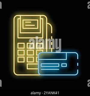 Pos-Terminal mit leuchtender Neonlinie mit eingelegter Kreditkarte und gedrucktem Empfangssymbol auf schwarzem Hintergrund Stock Vektor