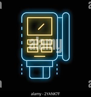 Neonschild, das eine Kreditkarte zeigt, die in ein POS-Terminal eingesteckt wird, als Symbol für elektronische Zahlung Stock Vektor