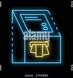 Leuchtender Neon-geldautomat, der Geld auf schwarzem Hintergrund ausgibt Stock Vektor