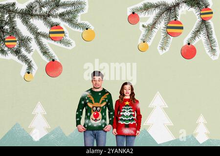 Composite Trend Artwork Bild Collage von newyear Merry christmas Holiday Winter feiern junge Dame Mann Datum verwirrtes Gesicht hässlichen Pullover Stockfoto