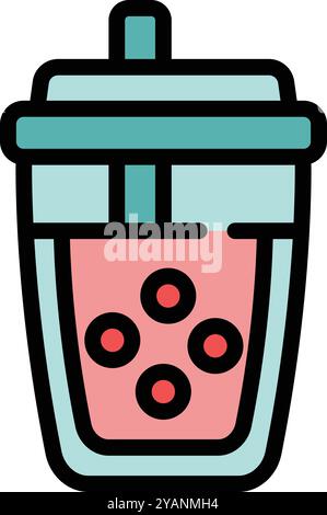 Vektor-Illustration in Linienfarbe einer Plastiktasse, die Sprudeltee mit Tapioka-Kugeln zeigt Stock Vektor