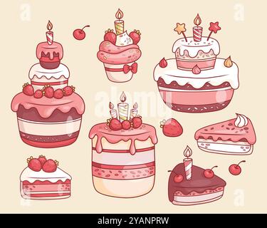 Weihnachtskuchen-Kollektion. Mehrstufiges festliches Dessert mit Glasur, Erdbeeren und Kerzen, Cupcake, Obststücken und Schokoladenkuchen mit Kirschen Stock Vektor