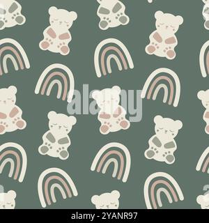 Netter Teddybär und Regenbogen nahtloser Vektormuster Hintergrund. Neutral sitzende Bärenjungen im Hintergrund. Handgezeichnete Zeichentricktiere und Regenbögen. Für das Geschlecht Stock Vektor